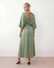 Maxi Dress Women V-Neck Draped Batwing Sleeve Open Back Tie Waist Wedding Guest