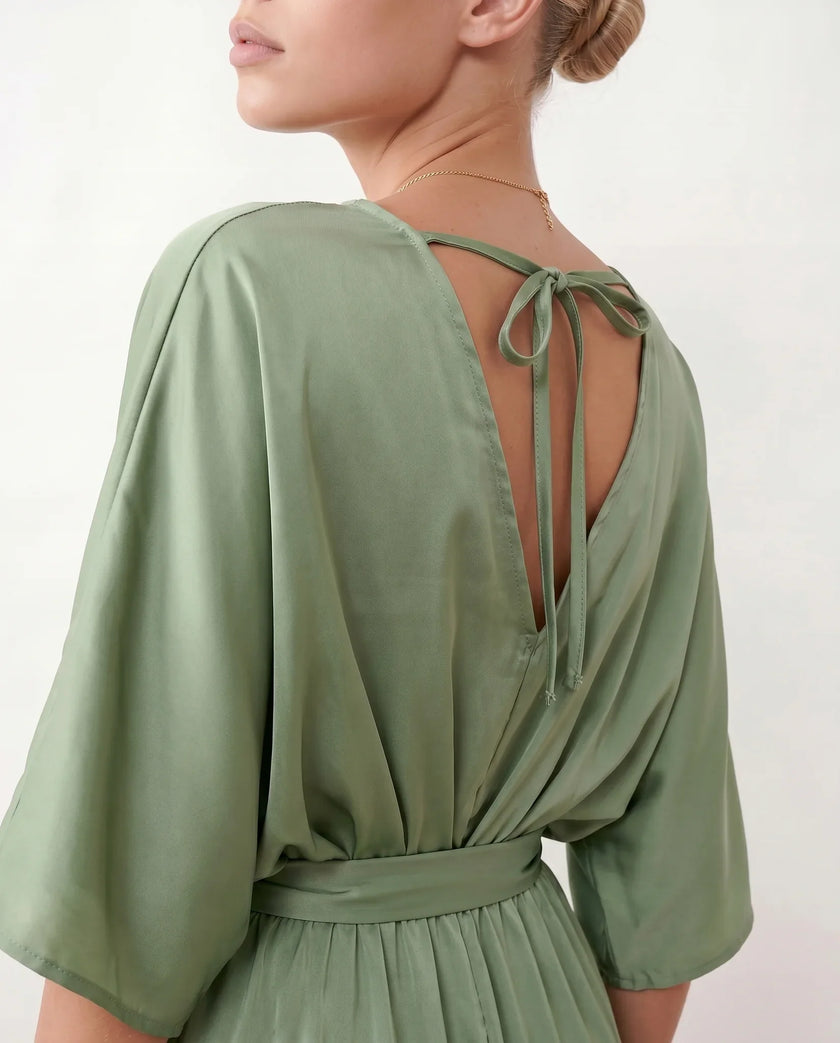 Maxi Dress Women V-Neck Draped Batwing Sleeve Open Back Tie Waist Wedding Guest