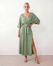 Maxi Dress Women V-Neck Draped Batwing Sleeve Open Back Tie Waist Wedding Guest