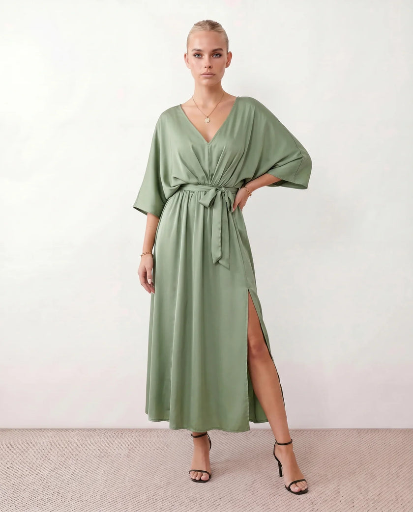 Maxi Dress Women V-Neck Draped Batwing Sleeve Open Back Tie Waist Wedding Guest