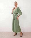 Maxi Dress Women V-Neck Draped Batwing Sleeve Open Back Tie Waist Wedding Guest