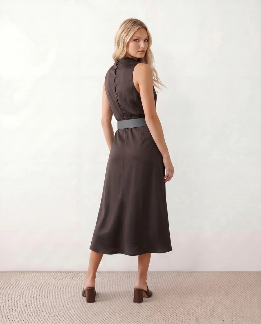 Cowl Neck Midi Dress Women Glossy Belted Sleeveless Cocktail