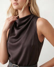 Cowl Neck Midi Dress Women Glossy Belted Sleeveless Cocktail