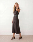 Cowl Neck Midi Dress Women Glossy Belted Sleeveless Cocktail