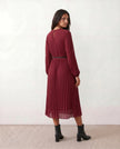 Pleated Midi Dress Women Wedding Guest A-Line Burgundy