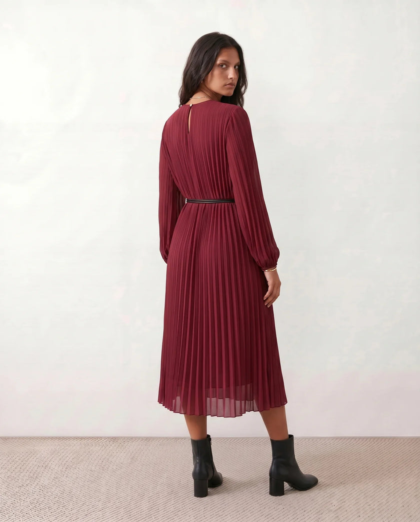 Pleated Midi Dress Women Wedding Guest A-Line Burgundy