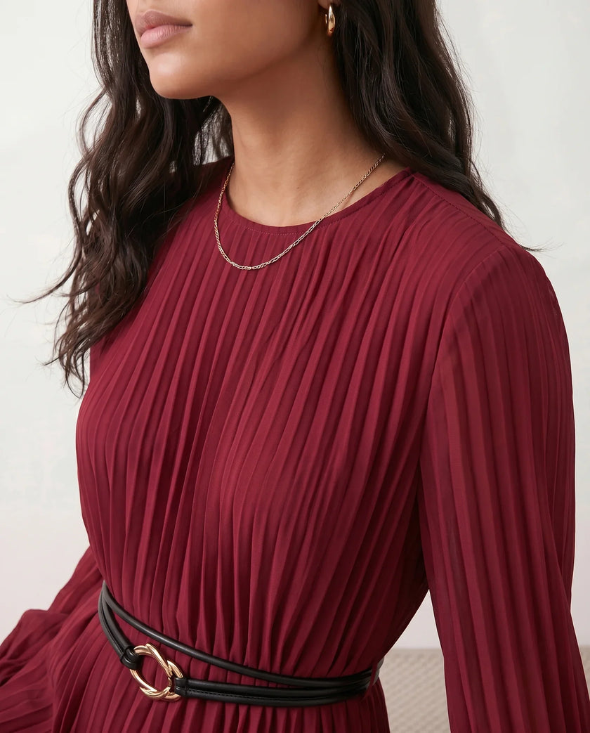 Pleated Midi Dress Women Wedding Guest A-Line Burgundy