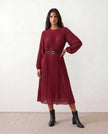 Pleated Midi Dress Women Wedding Guest A-Line Burgundy
