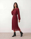 Pleated Midi Dress Women Wedding Guest A-Line Burgundy