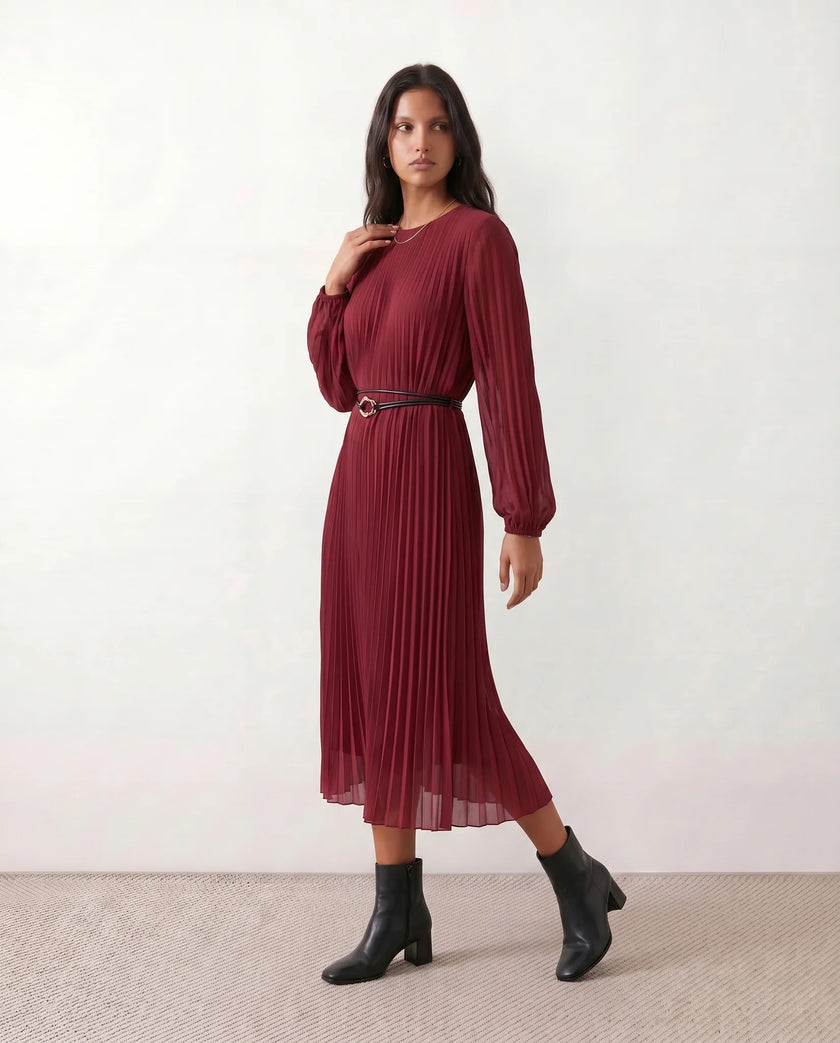 Pleated Midi Dress Women Wedding Guest A-Line Burgundy