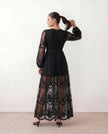Maxi Dress Women Lace Plunge Neck Long Sleeve A-Line Scalloped Wedding Guest