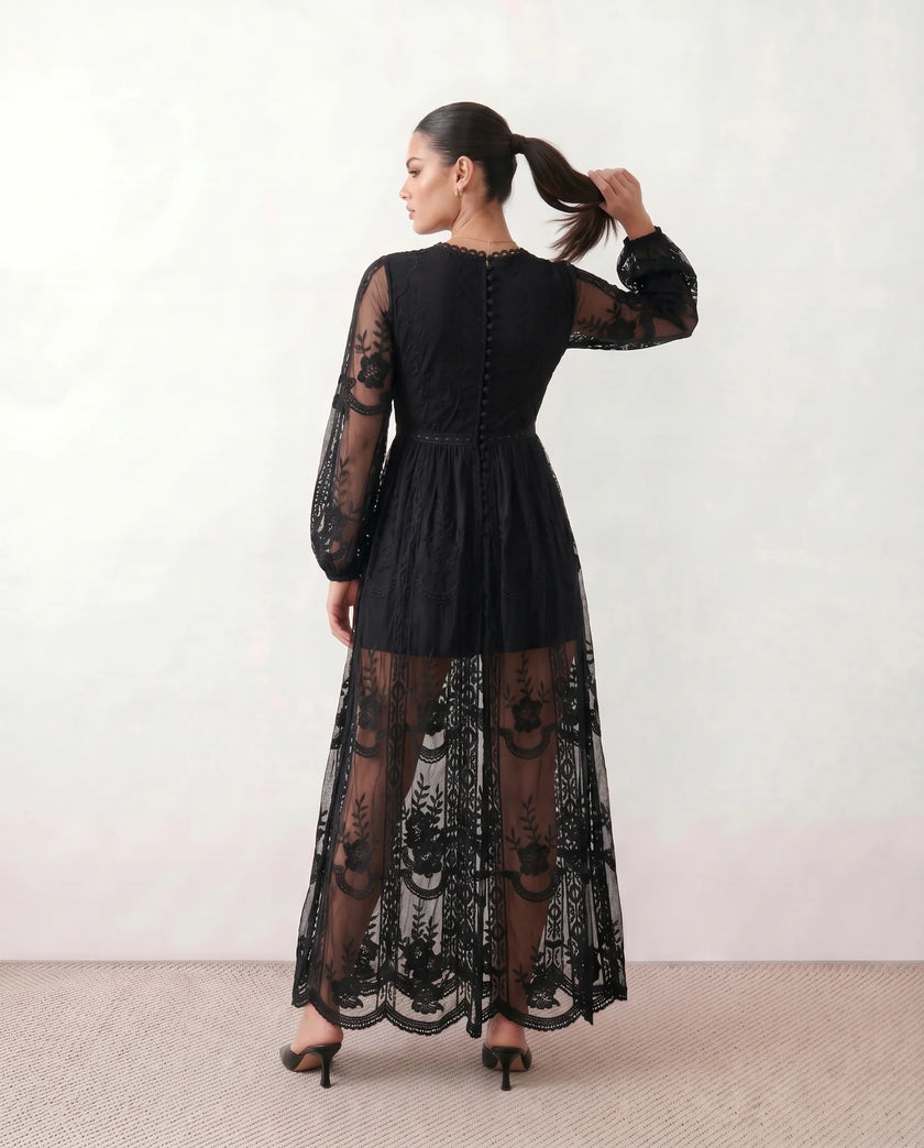 Maxi Dress Women Lace Plunge Neck Long Sleeve A-Line Scalloped Wedding Guest
