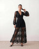 Maxi Dress Women Lace Plunge Neck Long Sleeve A-Line Scalloped Wedding Guest