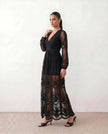 Maxi Dress Women Lace Plunge Neck Long Sleeve A-Line Scalloped Wedding Guest