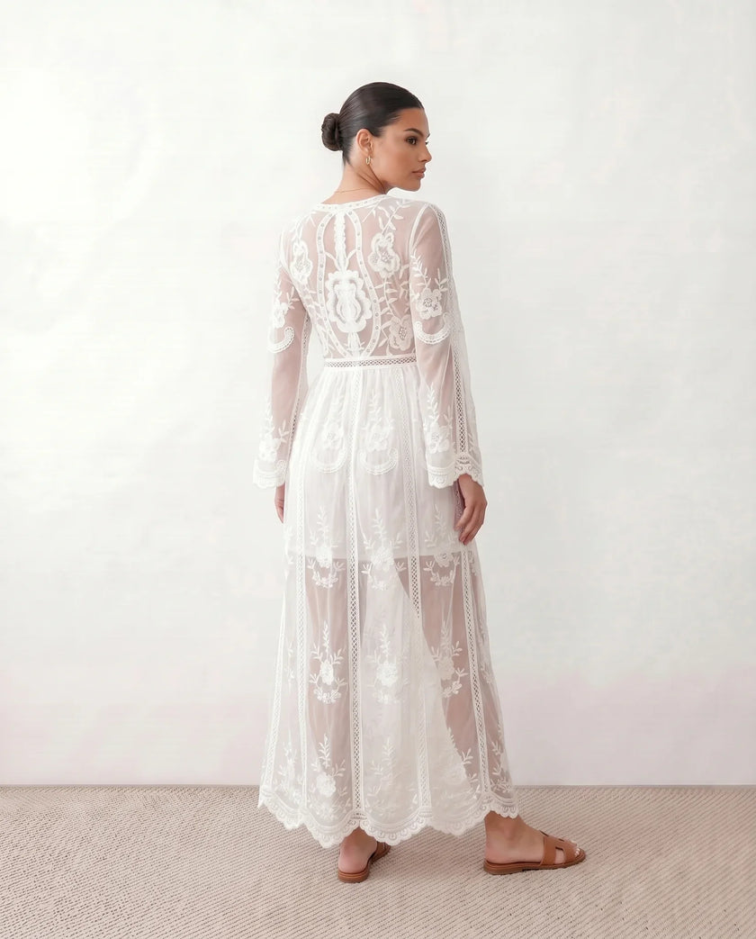 Maxi Dress Women Lace Plunge Neck Long Sleeve A-Line Scalloped Wedding Guest