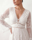 Maxi Dress Women Lace Plunge Neck Long Sleeve A-Line Scalloped Wedding Guest