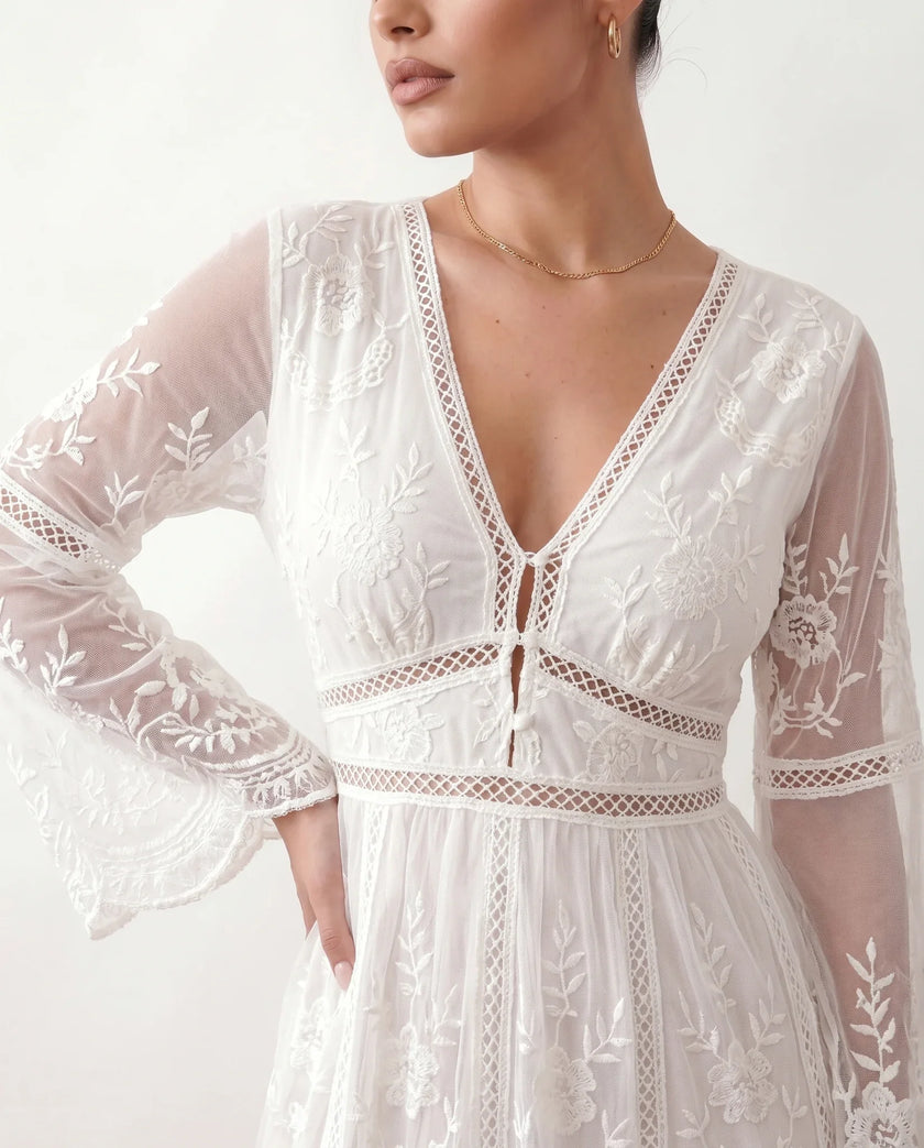 Maxi Dress Women Lace Plunge Neck Long Sleeve A-Line Scalloped Wedding Guest