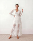 Maxi Dress Women Lace Plunge Neck Long Sleeve A-Line Scalloped Wedding Guest