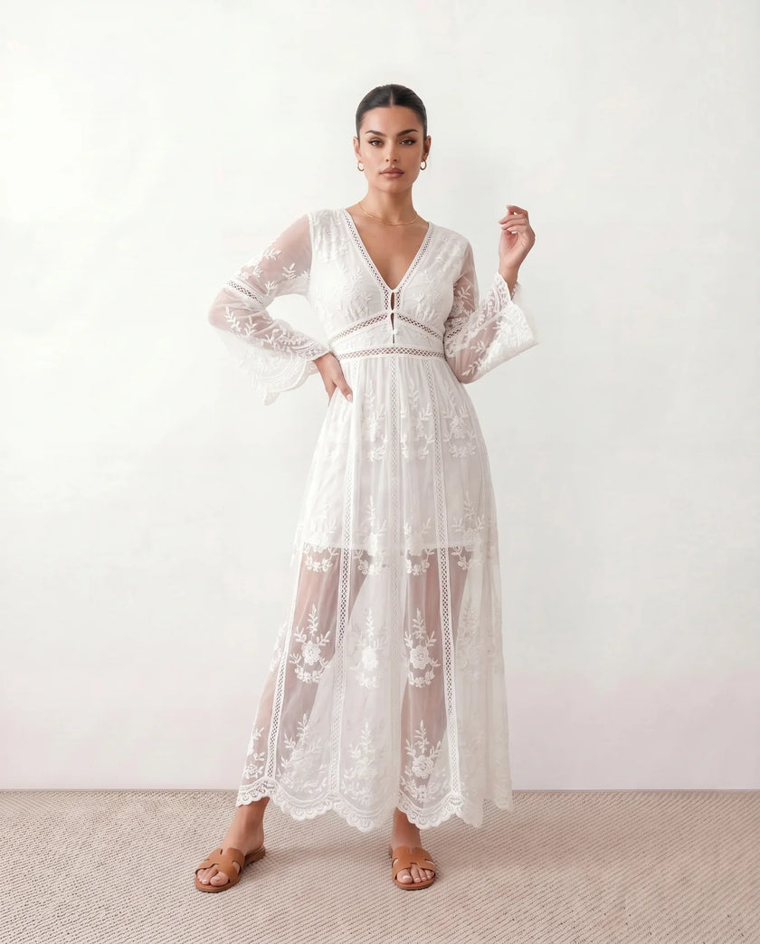 Maxi Dress Women Lace Plunge Neck Long Sleeve A-Line Scalloped Wedding Guest