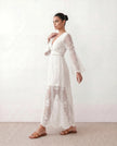 Maxi Dress Women Lace Plunge Neck Long Sleeve A-Line Scalloped Wedding Guest