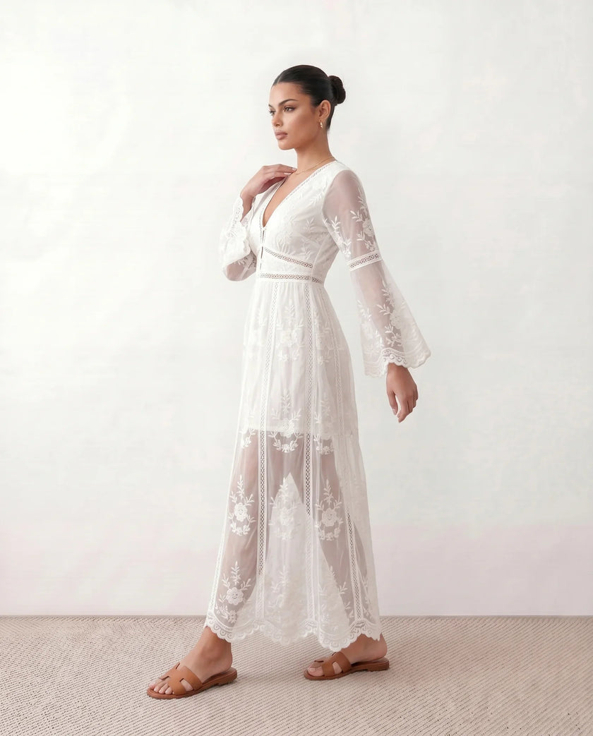 Maxi Dress Women Lace Plunge Neck Long Sleeve A-Line Scalloped Wedding Guest