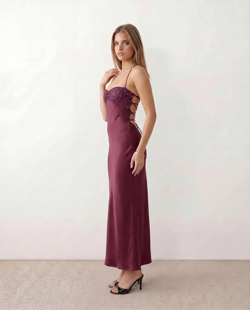 Sequined Satin Maxi Dress Women Party Halter Lace-Up Back Slit