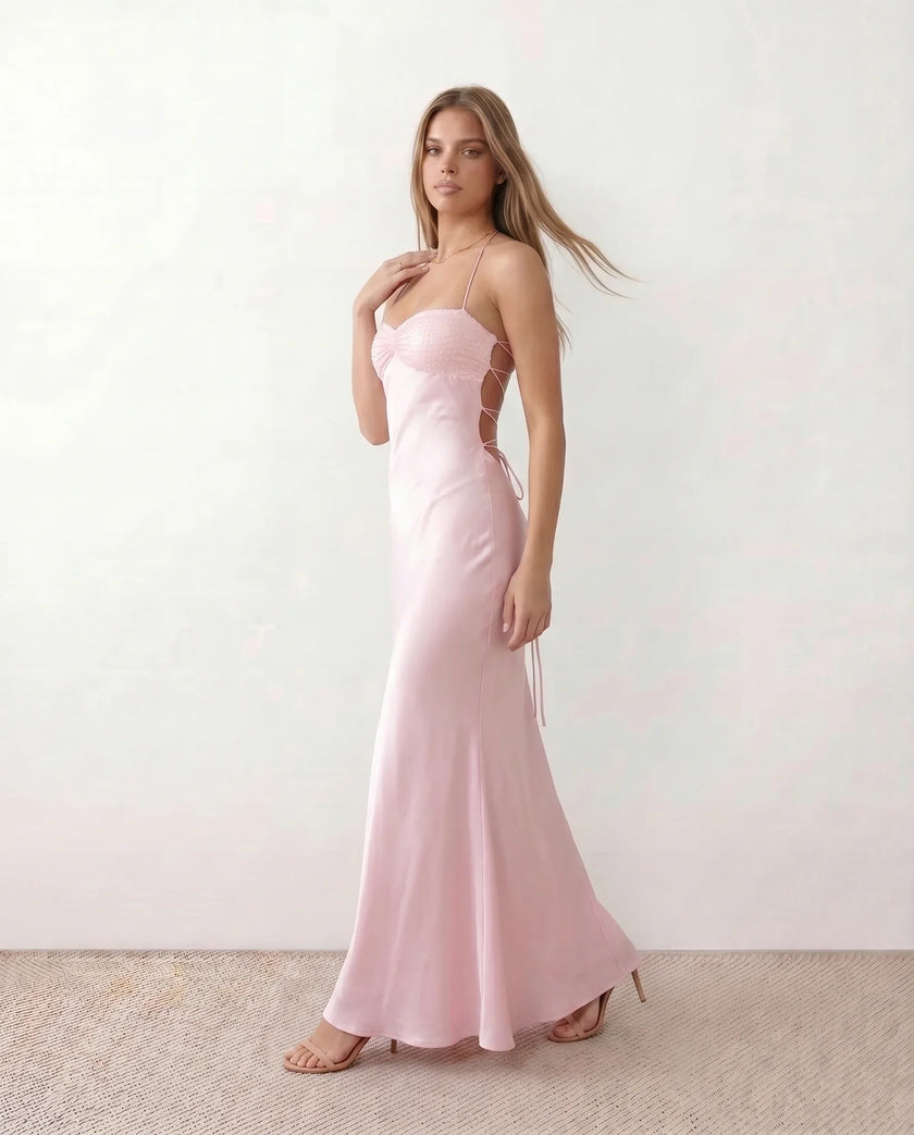 Sequined Satin Maxi Dress Women Party Halter Lace-Up Back Slit