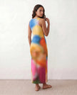 Maxi Dress Women Round Neck Abstract Print Sleeveless Side Slit Multicolor