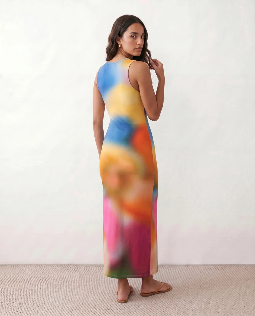 Maxi Dress Women Round Neck Abstract Print Sleeveless Side Slit Multicolor
