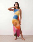 Maxi Dress Women Round Neck Abstract Print Sleeveless Side Slit Multicolor