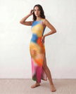 Maxi Dress Women Round Neck Abstract Print Sleeveless Side Slit Multicolor