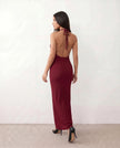 Maxi Dress Women Halter V-Neck Ribbed Floral Applique Open Back Red Cocktail