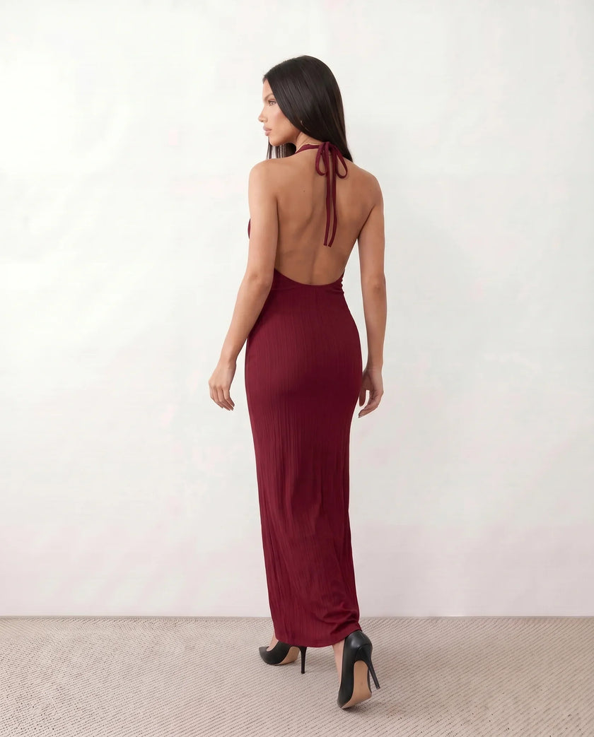 Maxi Dress Women Halter V-Neck Ribbed Floral Applique Open Back Red Cocktail