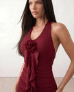 Maxi Dress Women Halter V-Neck Ribbed Floral Applique Open Back Red Cocktail