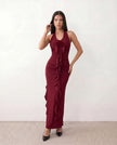 Maxi Dress Women Halter V-Neck Ribbed Floral Applique Open Back Red Cocktail