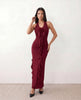 Maxi Dress Women Halter V-Neck Ribbed Floral Applique Open Back Red Cocktail