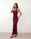 Maxi Dress Women Halter V-Neck Ribbed Floral Applique Open Back Red Cocktail