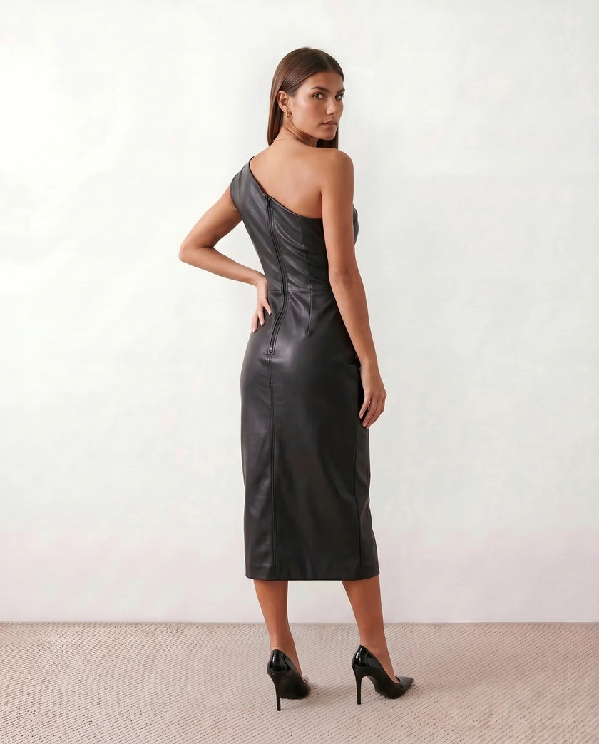 Faux Leather Midi Dress Women Off-Shoulder Fitted Pencil Cocktail