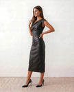 Faux Leather Midi Dress Women Off-Shoulder Fitted Pencil Cocktail