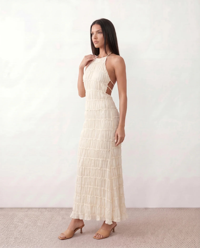 Maxi Dress Women Pleated Halter Tiered Ruffle Open Back Cocktail