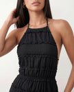 Maxi Dress Women Pleated Halter Tiered Ruffle Open Back Cocktail