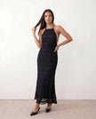 Maxi Dress Women Pleated Halter Tiered Ruffle Open Back Cocktail
