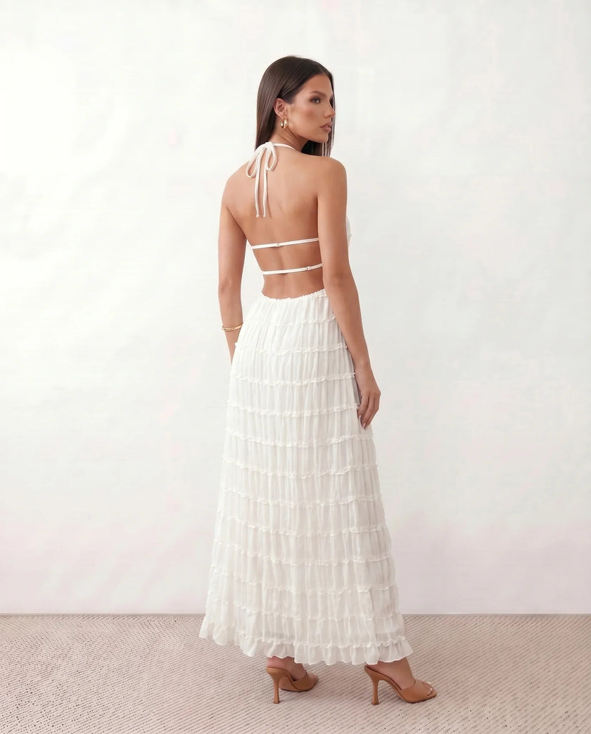 Maxi Dress Women Pleated Halter Tiered Ruffle Open Back Cocktail