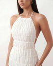 Maxi Dress Women Pleated Halter Tiered Ruffle Open Back Cocktail