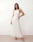 Maxi Dress Women Pleated Halter Tiered Ruffle Open Back Cocktail