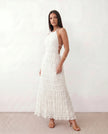 Maxi Dress Women Pleated Halter Tiered Ruffle Open Back Cocktail