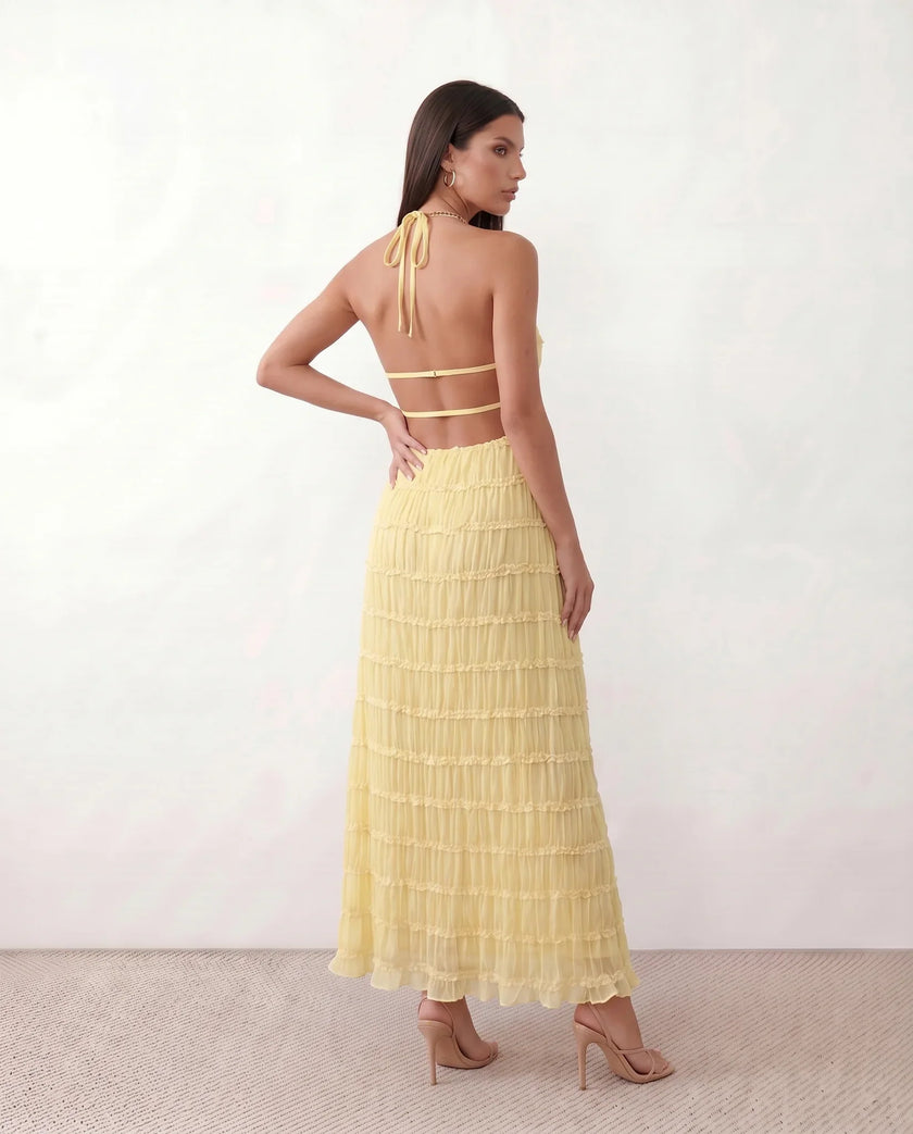 Maxi Dress Women Pleated Halter Tiered Ruffle Open Back Cocktail