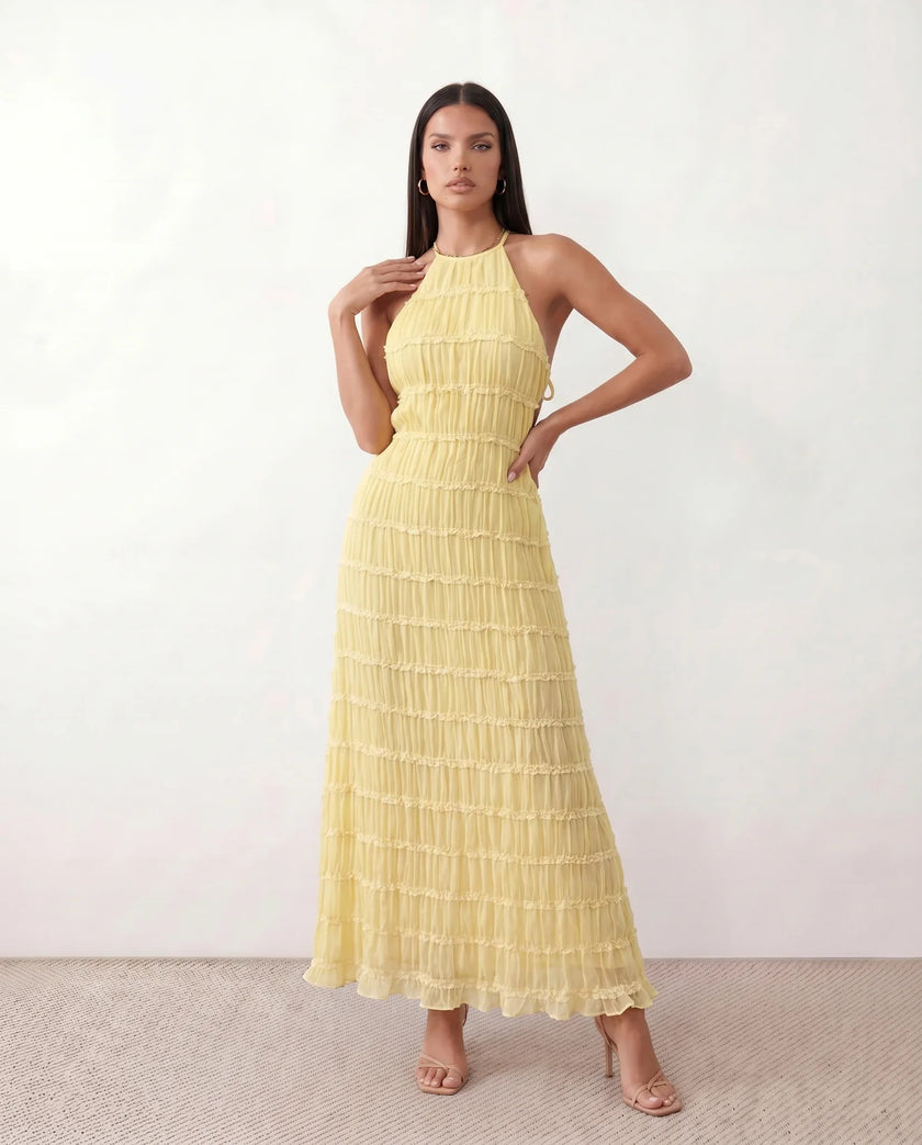 Maxi Dress Women Pleated Halter Tiered Ruffle Open Back Cocktail