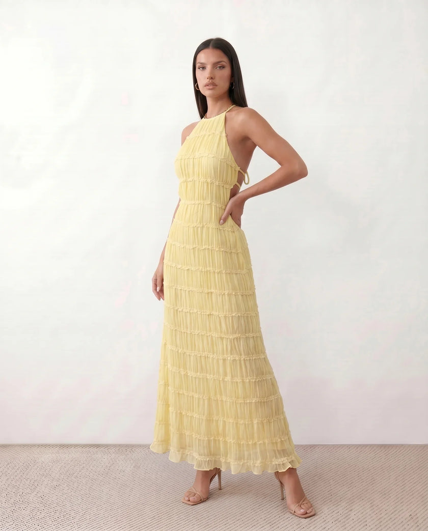 Maxi Dress Women Pleated Halter Tiered Ruffle Open Back Cocktail