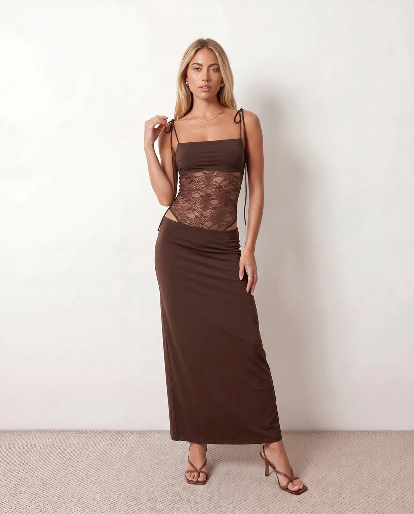 Lace Maxi Dress Women Square Neck Open Back Cocktail